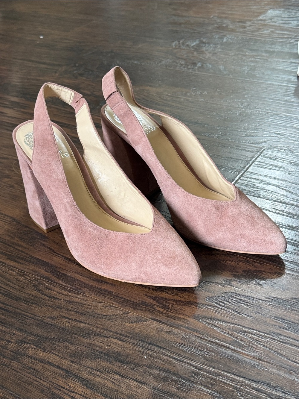 Vince Camuto Blush Pink Suede Slingback Block Heels